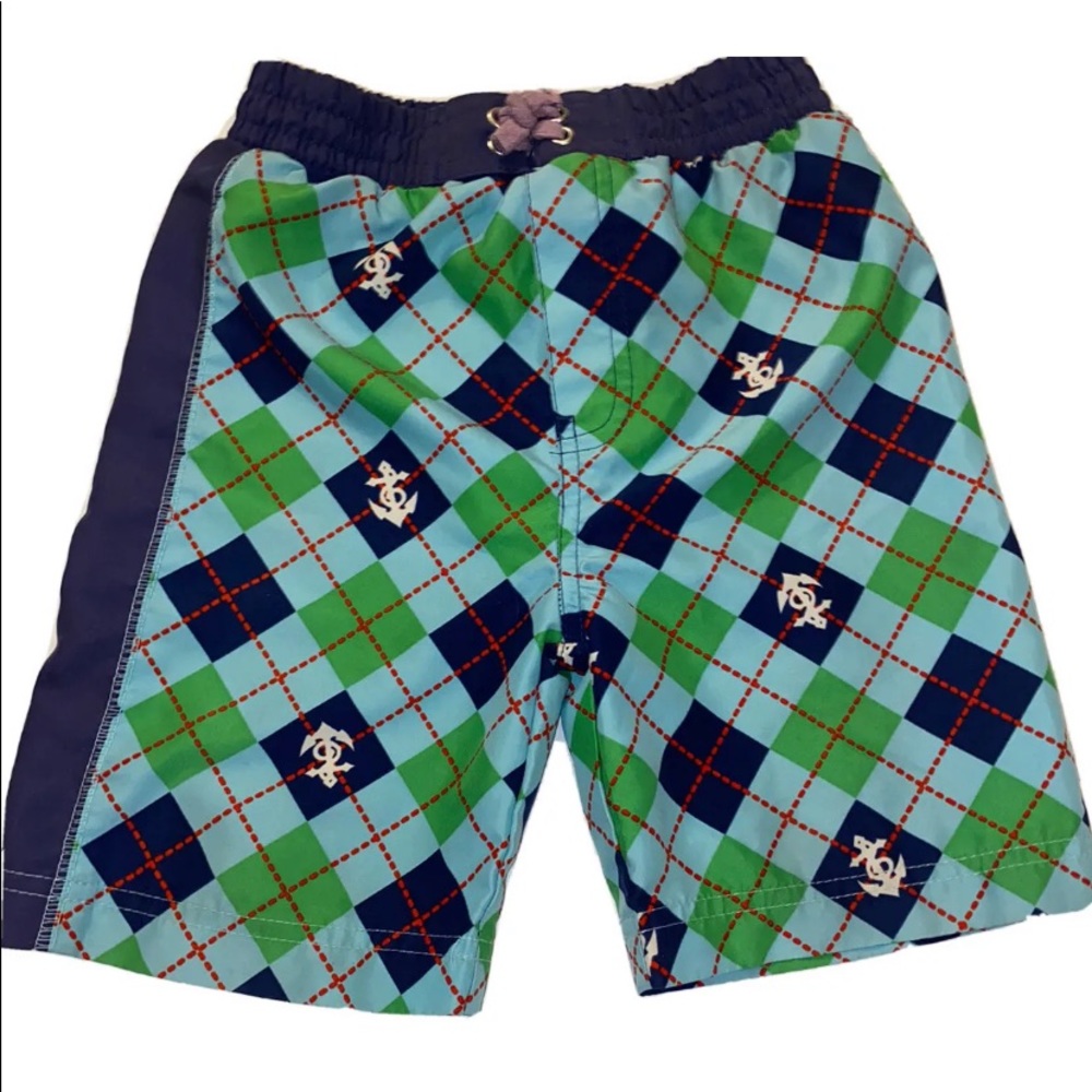 Boys Size 4 Swim Trunk Shorts Navy Green Plaid With Anchors Cabana Life
